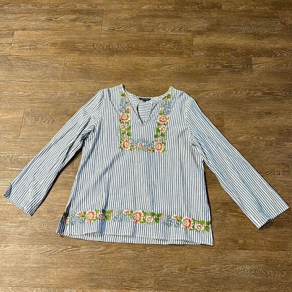 Max Edition Tops - Max Edition Blue Striped Blouse with Floral Embroidery